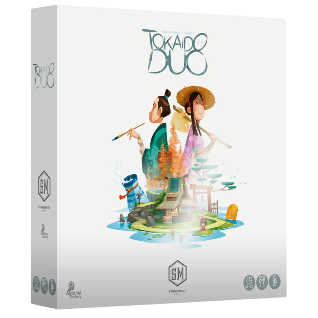 Tokaido Duo board game box with artwork of traveler and merchant on Shikoku island