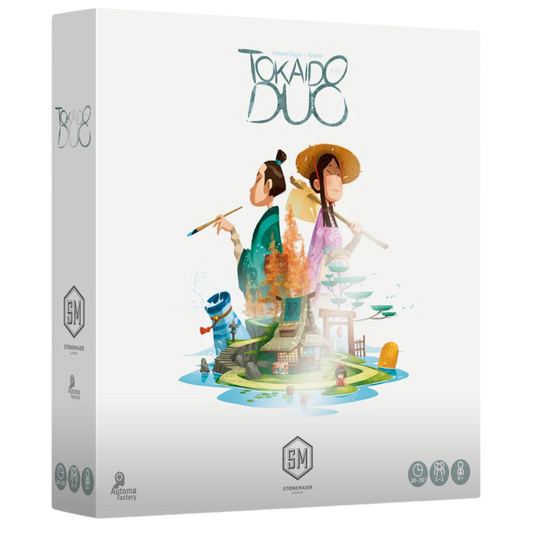 Tokaido Duo board game box with artwork of traveler and merchant on Shikoku island