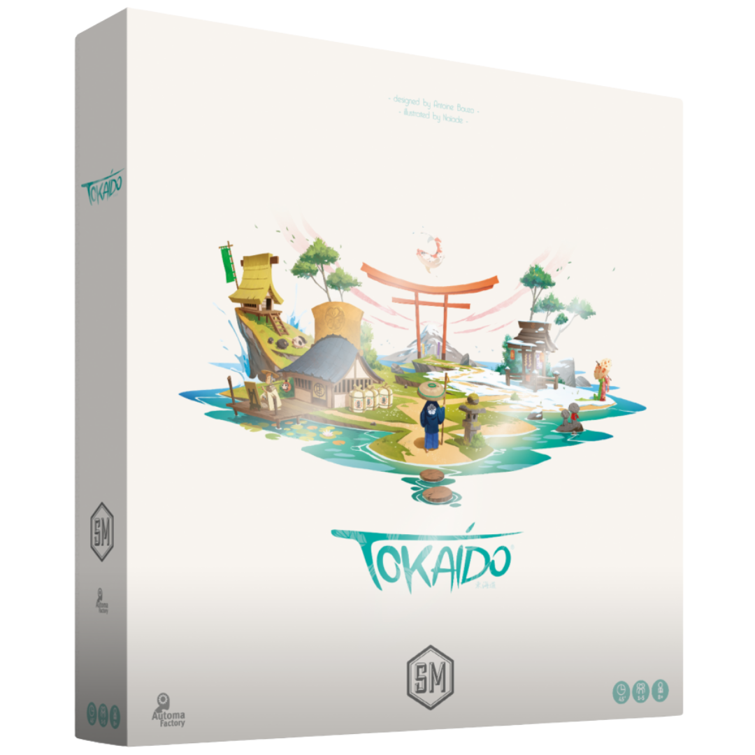 Tokaido board game components displayed, game board with traveler pieces, cards, and coins
