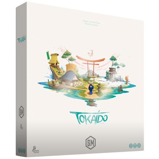 Tokaido board game components displayed, game board with traveler pieces, cards, and coins