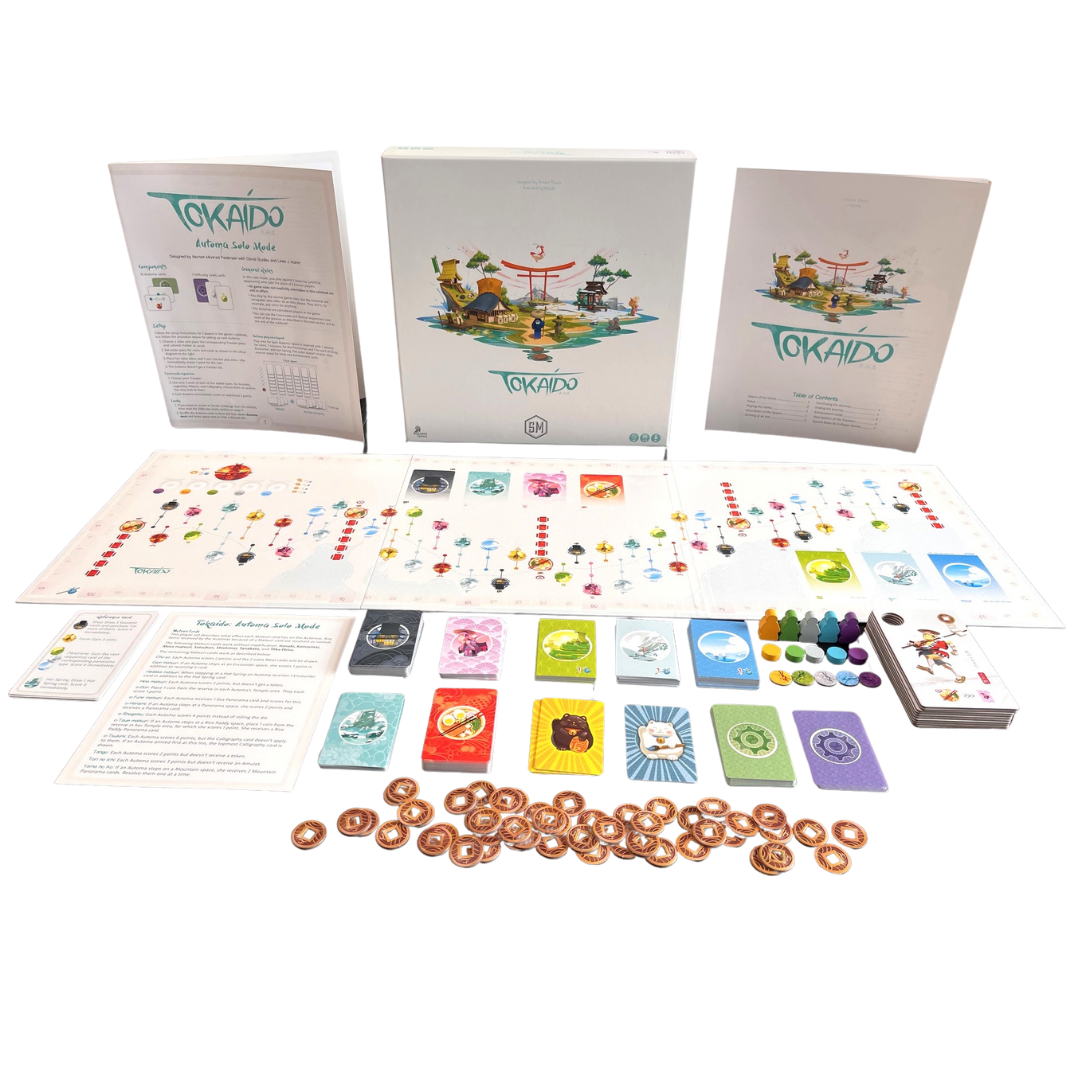 Tokaido board game components displayed, game board with traveler pieces, cards, and coins