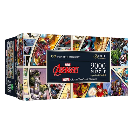 Trefl Prime Puzzle Avengers Marvel Across the Comic Universe 9000-piece jigsaw, featuring classic comic artwork and iconic Marvel superhero team scenes.

