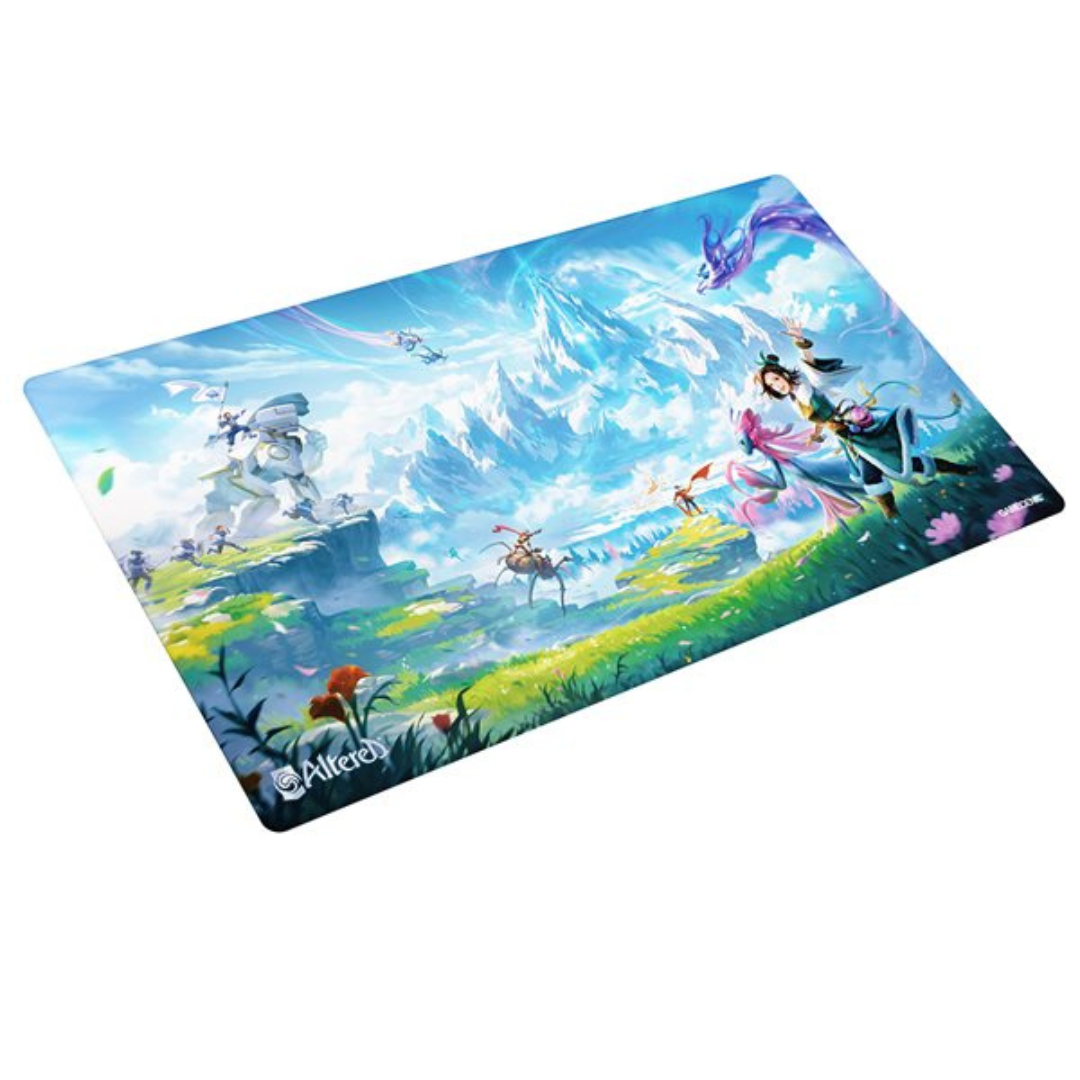 Gamegenic Altered TCG Prime Playmat - Trial by Frost featuring a striking ice-themed design, smooth fabric surface, and non-slip rubber backing for ultimate card protection.