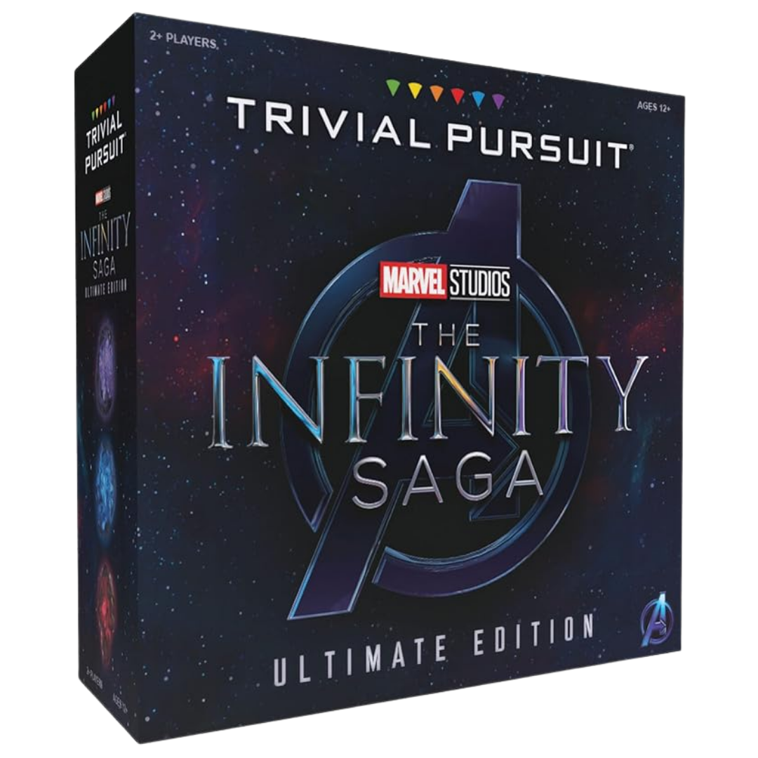Trivial Pursuit Marvel Infinity Saga Ultimate Edition trivia game featuring MCU themed questions and gameplay components