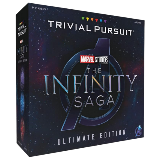 Trivial Pursuit Marvel Infinity Saga Ultimate Edition trivia game featuring MCU themed questions and gameplay components