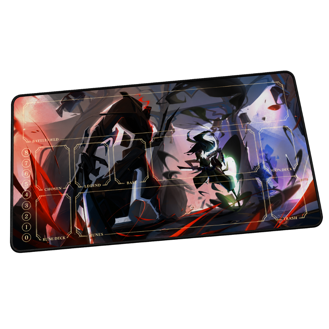 TRUEPLAY Final Stand Game Zone premium TCG playmat featuring cinematic fantasy artwork with integrated gameplay zones and stitched edges