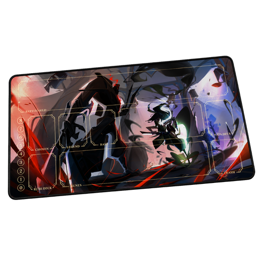 TRUEPLAY Final Stand Game Zone premium TCG playmat featuring cinematic fantasy artwork with integrated gameplay zones and stitched edges