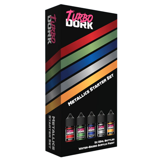 Turbo Dork Metallics Starter Set box, 5x 22ml metallic acrylic paints for miniatures and models