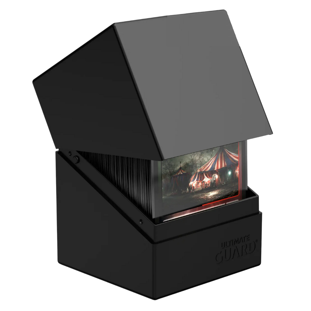 Ultimate Guard Boulder 100+ Solid Black Deck Case, durable card protector for trading card games, holds up to 100 double-sleeved cards, ideal for collectors.