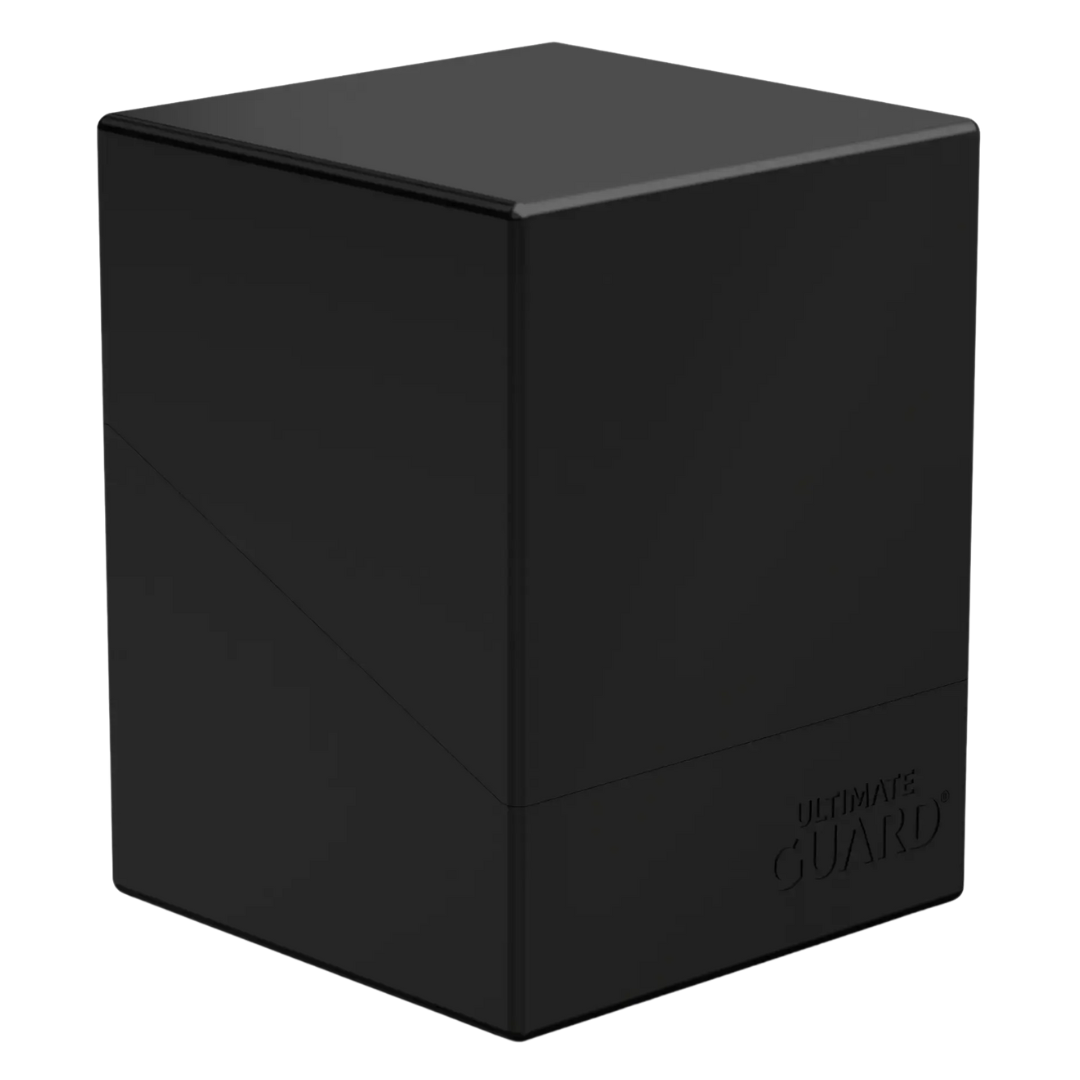 Ultimate Guard Boulder 100+ Solid Black Deck Case, durable card protector for trading card games, holds up to 100 double-sleeved cards, ideal for collectors.