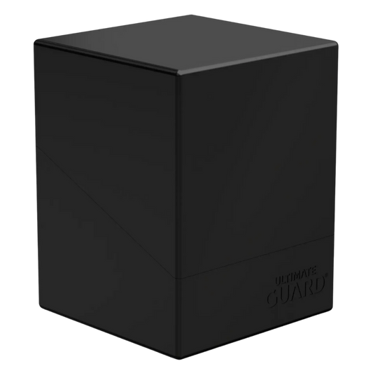 Ultimate Guard Boulder 100+ Solid Black Deck Case, durable card protector for trading card games, holds up to 100 double-sleeved cards, ideal for collectors.