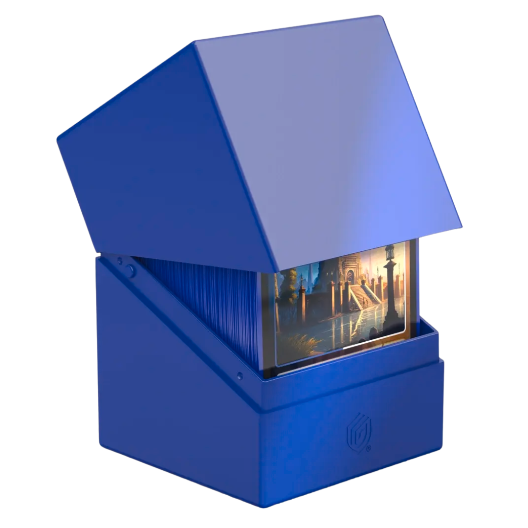 Ultimate Guard Boulder 100+ Solid Blue Deck Case, durable card holder for trading card games, accommodates up to 100 double-sleeved cards, perfect for collectors.