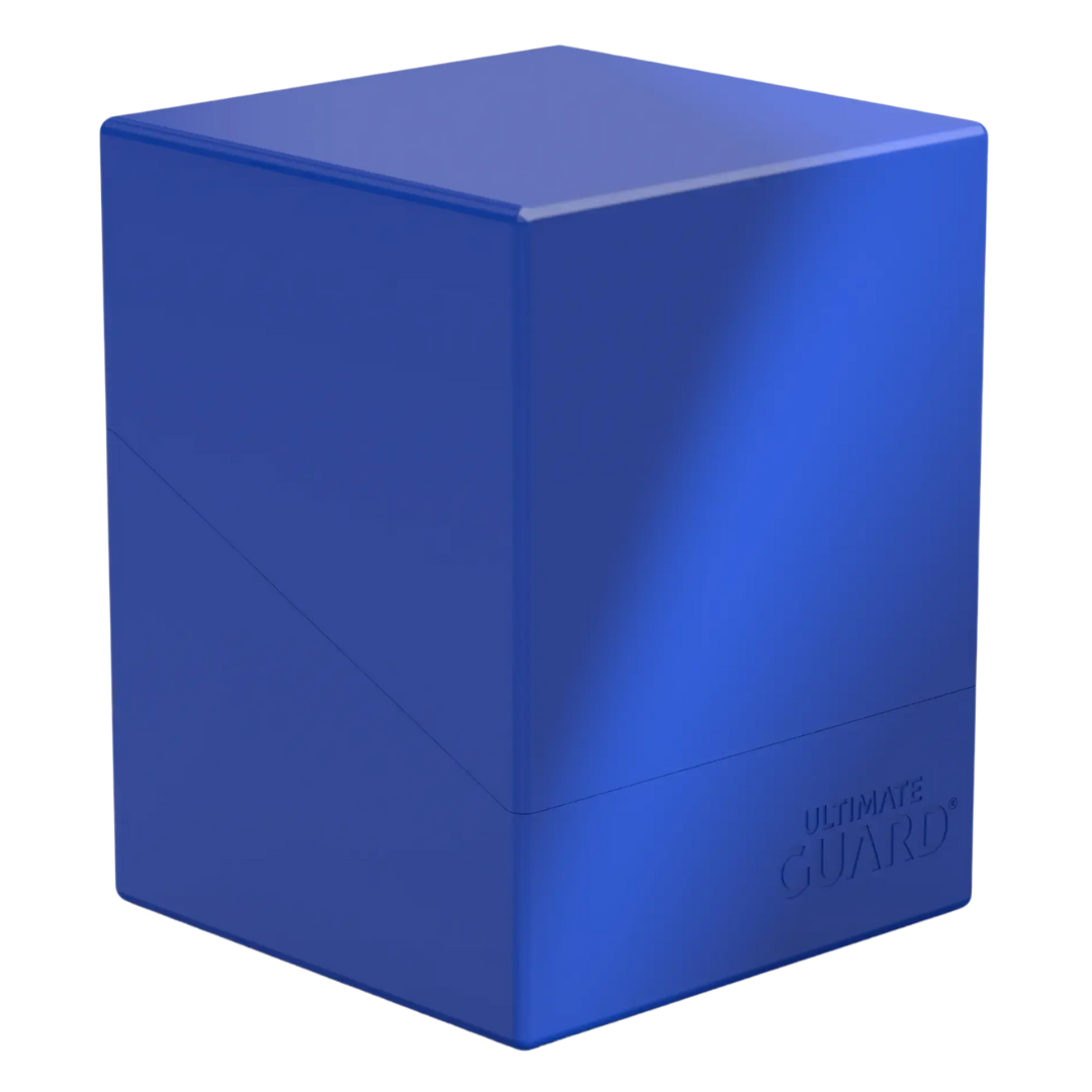 Ultimate Guard Boulder 100+ Solid Blue Deck Case, durable card holder for trading card games, accommodates up to 100 double-sleeved cards, perfect for collectors.