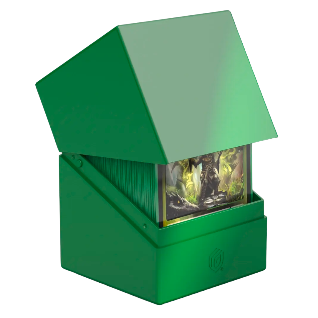 Ultimate Guard Boulder 100+ Solid Green Deck Case, eco-friendly card holder for trading card games, accommodates up to 100 double-sleeved cards, perfect for collectors.