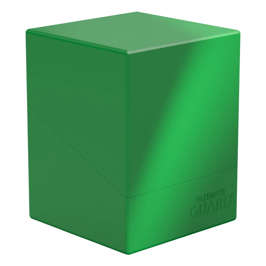 Ultimate Guard Boulder 100+ Solid Green Deck Case, eco-friendly card holder for trading card games, accommodates up to 100 double-sleeved cards, perfect for collectors.