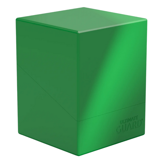 Ultimate Guard Boulder 100+ Solid Green Deck Case, eco-friendly card holder for trading card games, accommodates up to 100 double-sleeved cards, perfect for collectors.