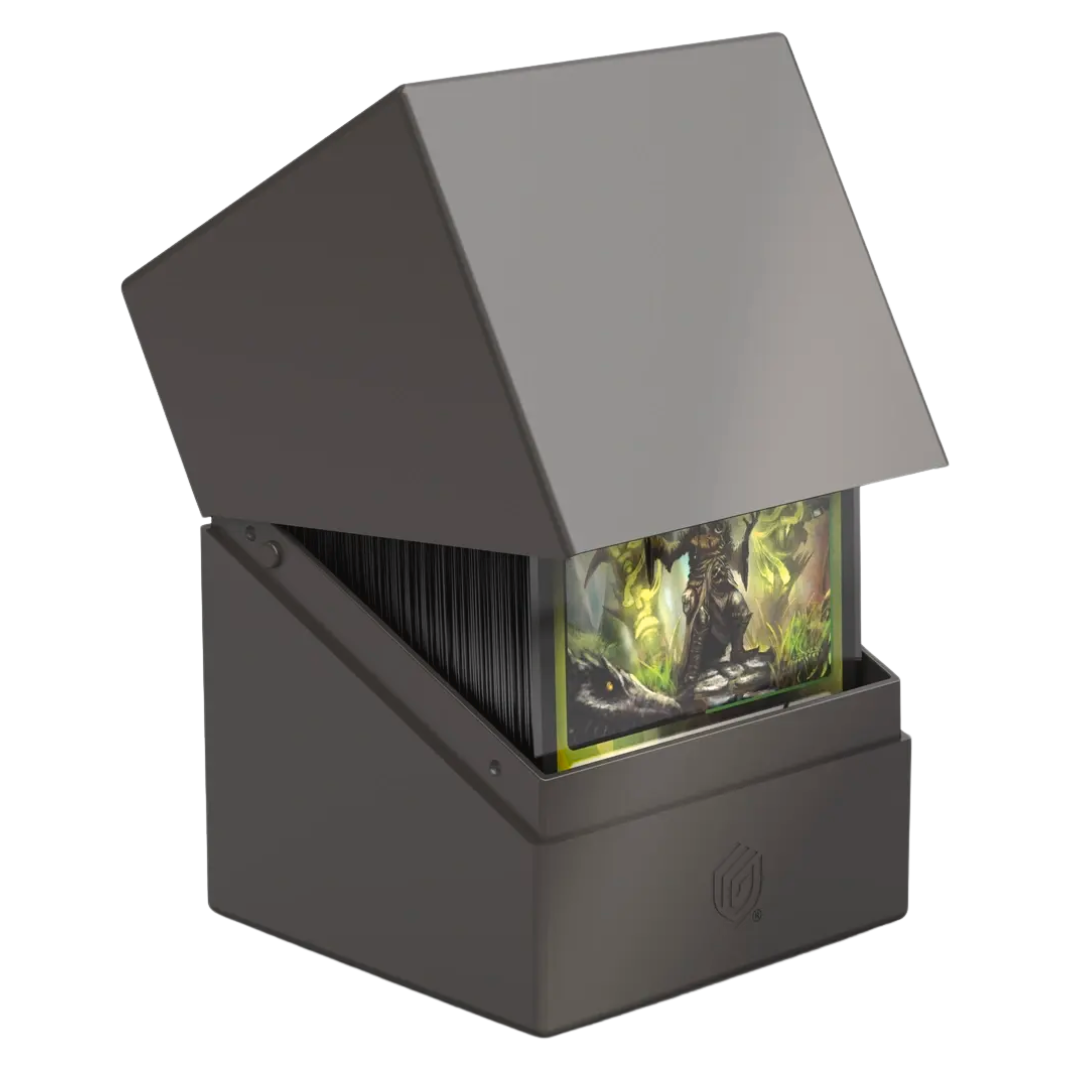 Ultimate Guard Boulder 100+ Solid Grey Deck Case, durable card holder for trading card games, accommodates up to 100 double-sleeved cards, perfect for collectors.