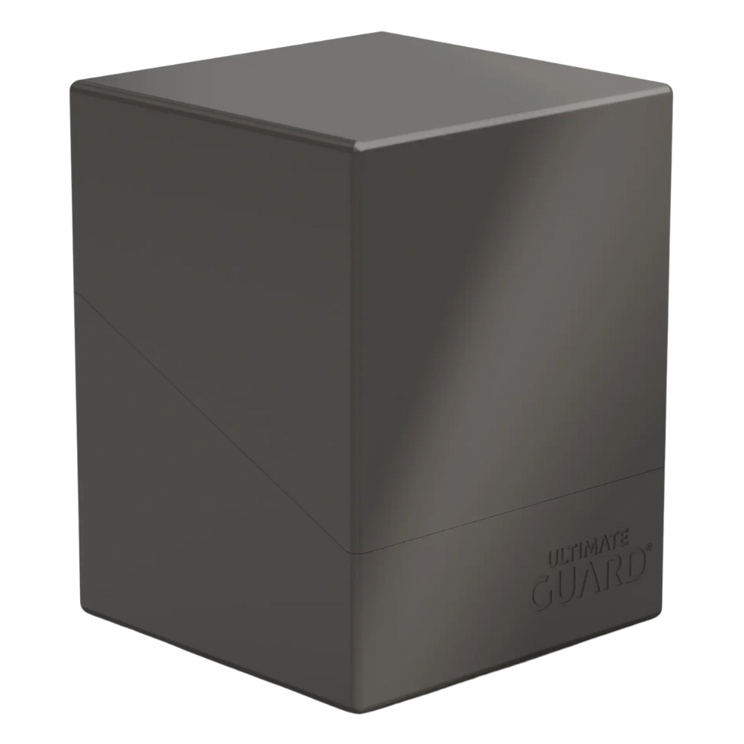 Ultimate Guard Boulder 100+ Solid Grey Deck Case, durable card holder for trading card games, accommodates up to 100 double-sleeved cards, perfect for collectors.