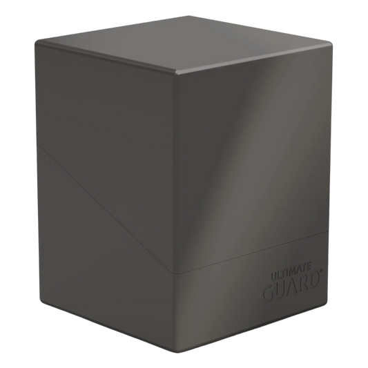 Ultimate Guard Boulder 100+ Solid Grey Deck Case, durable card holder for trading card games, accommodates up to 100 double-sleeved cards, perfect for collectors.