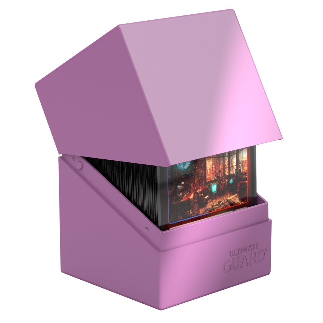 Ultimate Guard Boulder 100+ Solid Lavender Deck Case, durable card holder for trading card games, accommodates up to 100 double-sleeved cards, perfect for collectors.