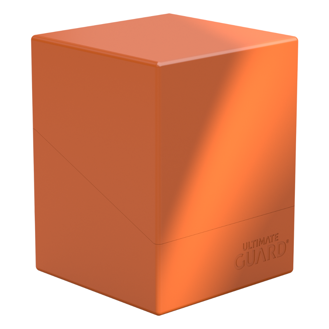 Ultimate Guard Boulder 100+ Solid Orange Deck Case, durable card holder for trading card games, accommodates up to 100 double-sleeved cards, perfect for collectors.