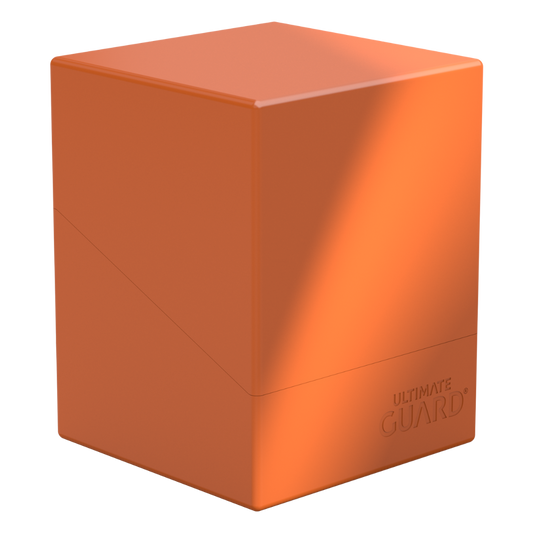 Ultimate Guard Boulder 100+ Solid Orange Deck Case, durable card holder for trading card games, accommodates up to 100 double-sleeved cards, perfect for collectors.