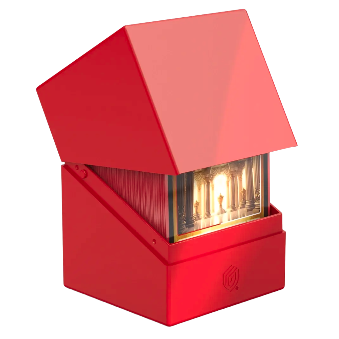 Ultimate Guard Boulder 100+ Solid Red Deck Case, durable card holder for trading card games, accommodates up to 100 double-sleeved cards, perfect for collectors.