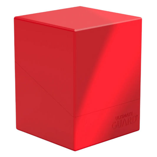 Ultimate Guard Boulder 100+ Solid Red Deck Case, durable card holder for trading card games, accommodates up to 100 double-sleeved cards, perfect for collectors.
