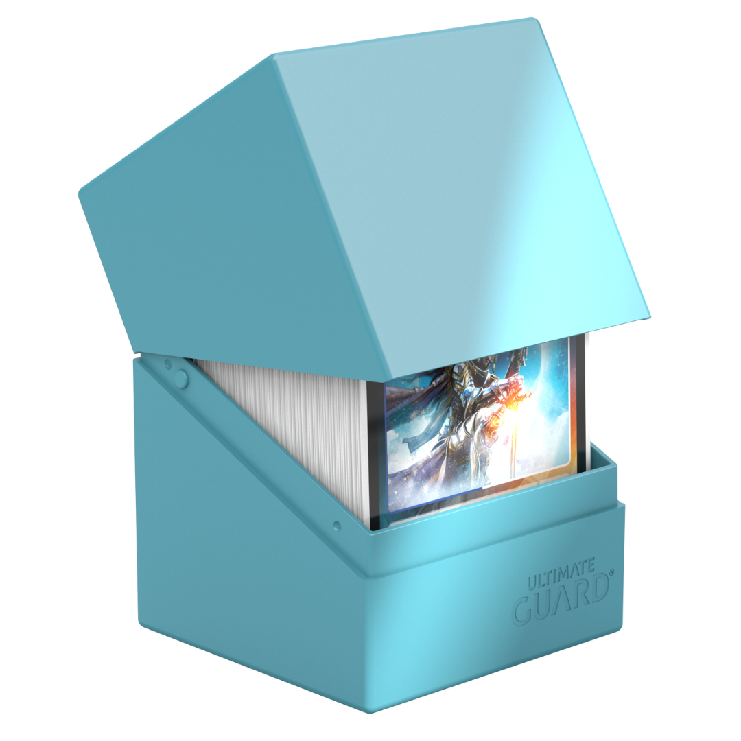 Ultimate Guard Boulder 100+ Solid Turquoise Deck Case, durable card holder for trading card games, accommodates up to 100 double-sleeved cards, perfect for collectors.