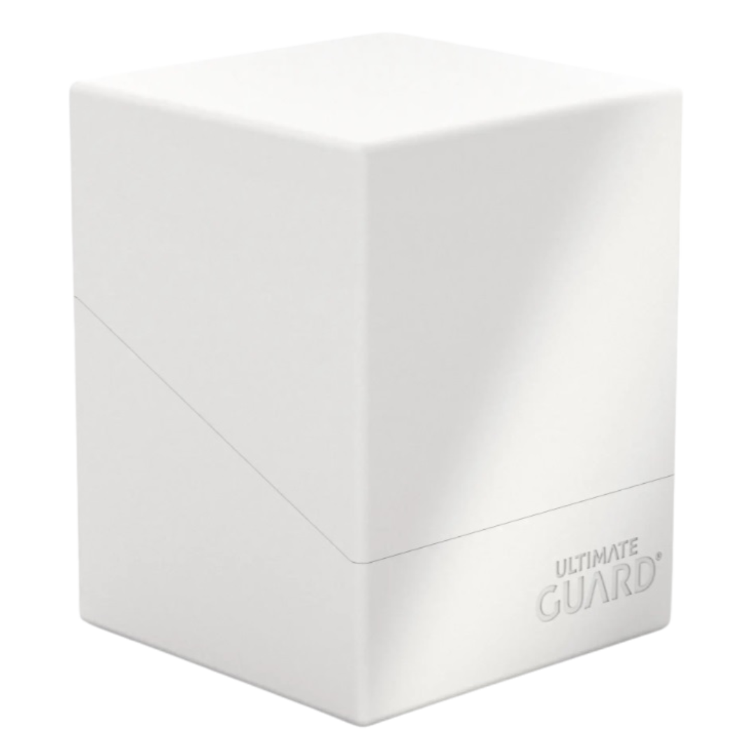 Ultimate Guard Boulder 100+ Solid White Deck Case, durable card holder for trading card games, accommodates up to 100 double-sleeved cards, perfect for collectors.