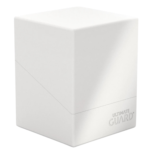 Ultimate Guard Boulder 100+ Solid White Deck Case, durable card holder for trading card games, accommodates up to 100 double-sleeved cards, perfect for collectors.