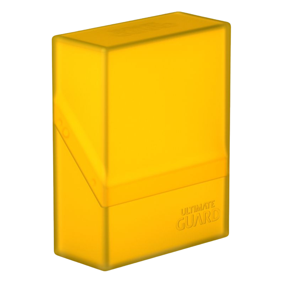 Amber yellow Ultimate Guard Boulder 40+ card case for 40+ double-sleeved cards, durable, compact, and perfect for card collection protection and transport.