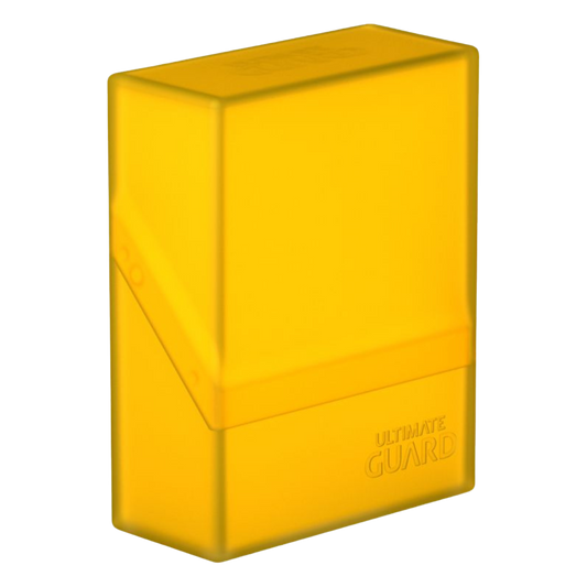 Amber yellow Ultimate Guard Boulder 40+ card case for 40+ double-sleeved cards, durable, compact, and perfect for card collection protection and transport.