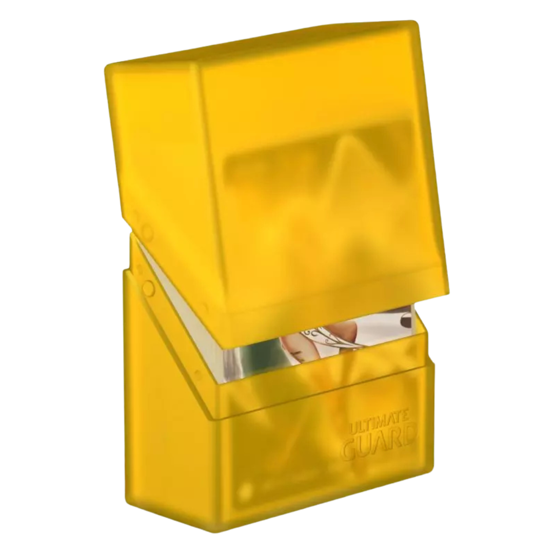 Amber yellow Ultimate Guard Boulder 40+ card case for 40+ double-sleeved cards, durable, compact, and perfect for card collection protection and transport.