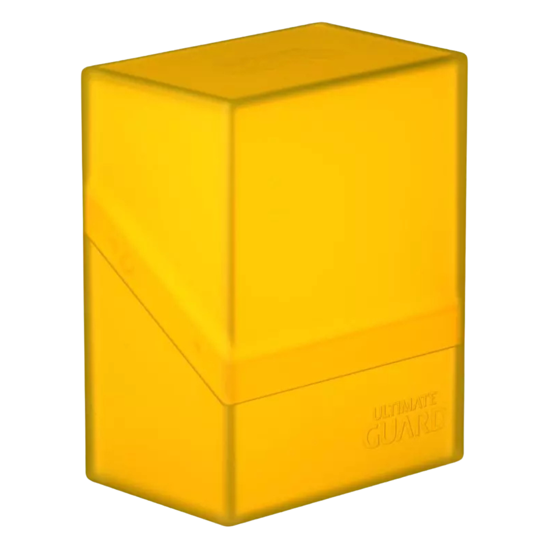 Amber yellow Ultimate Guard Boulder 60+ card case for 60+ double-sleeved cards, durable, scratch-resistant, perfect for gaming and card collection storage.