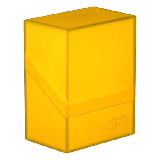 Amber yellow Ultimate Guard Boulder 60+ card case for 60+ double-sleeved cards, durable, scratch-resistant, perfect for gaming and card collection storage.