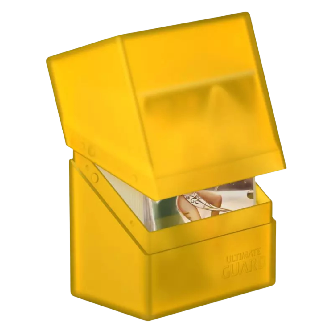 Amber yellow Ultimate Guard Boulder 60+ card case for 60+ double-sleeved cards, durable, scratch-resistant, perfect for gaming and card collection storage.