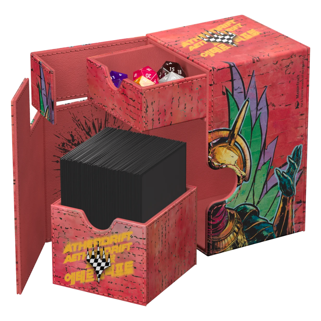 Ultimate Guard Flip’n’Tray 100+ Aetherdrift deck box featuring Hazoret, Godseeker artwork, Xenoskin material, magnetic closure, and removable dice tray.