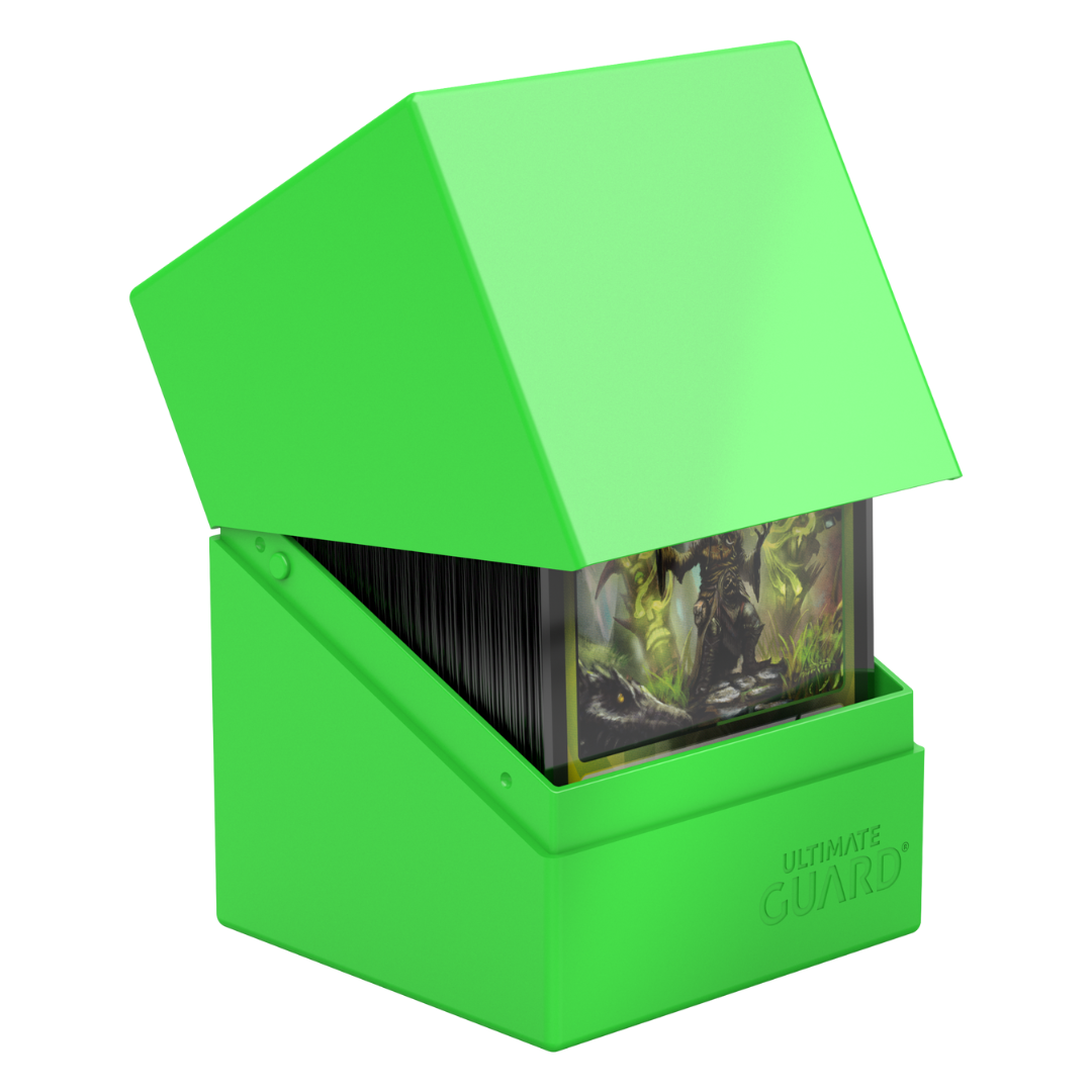 Neon Green Ultimate Guard Boulder 100+ deck case, durable storage solution for over 100 sleeved trading cards, ideal for competitive TCG players









