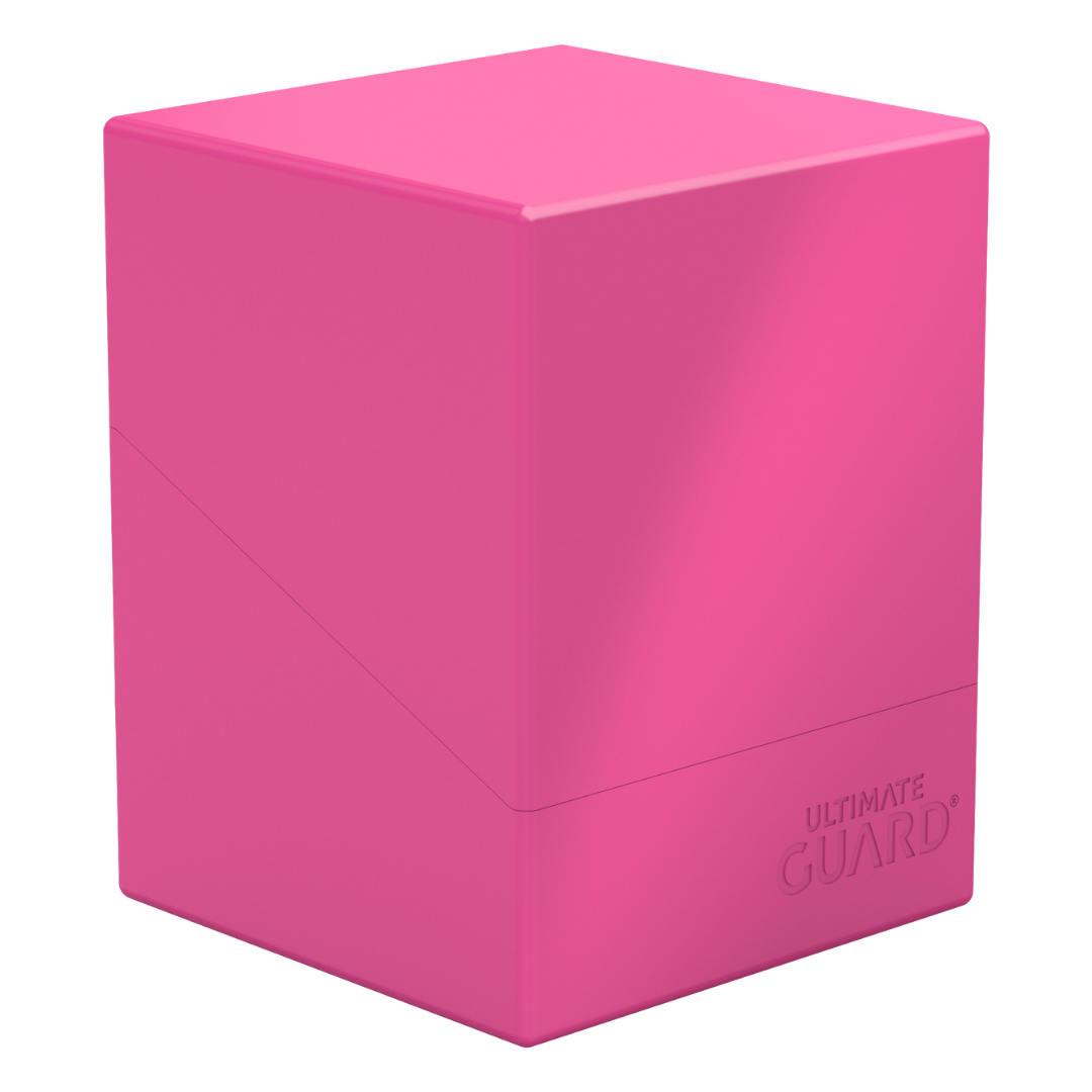 Ultimate Guard Boulder 100+ Solid Neon Pink card case for TCG storage, fits over 100 double-sleeved cards, perfect for Magic and Pokémon decks
