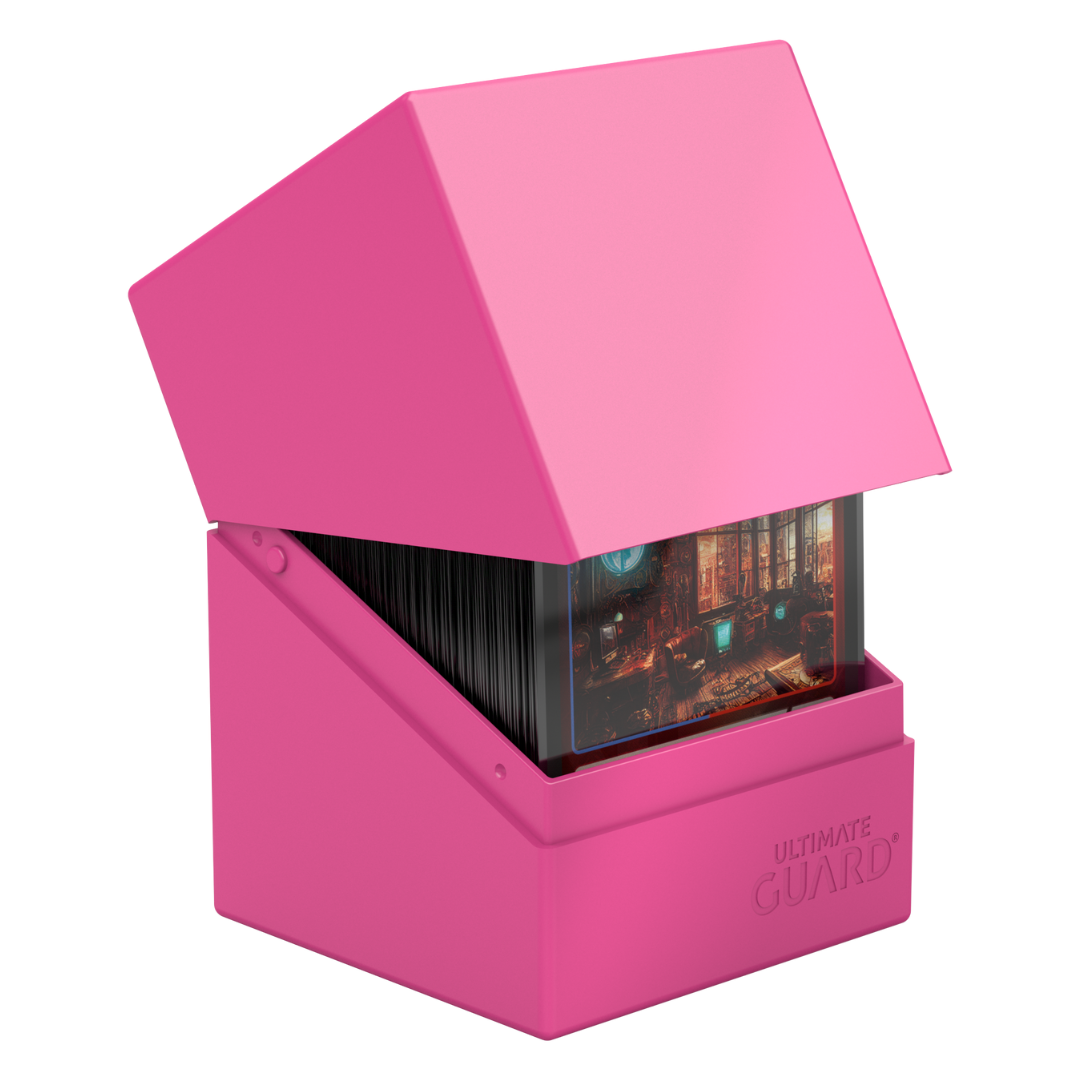 Neon Pink Ultimate Guard Boulder 100+ deck box for trading card games, secure and stylish storage for over 100 sleeved cards


