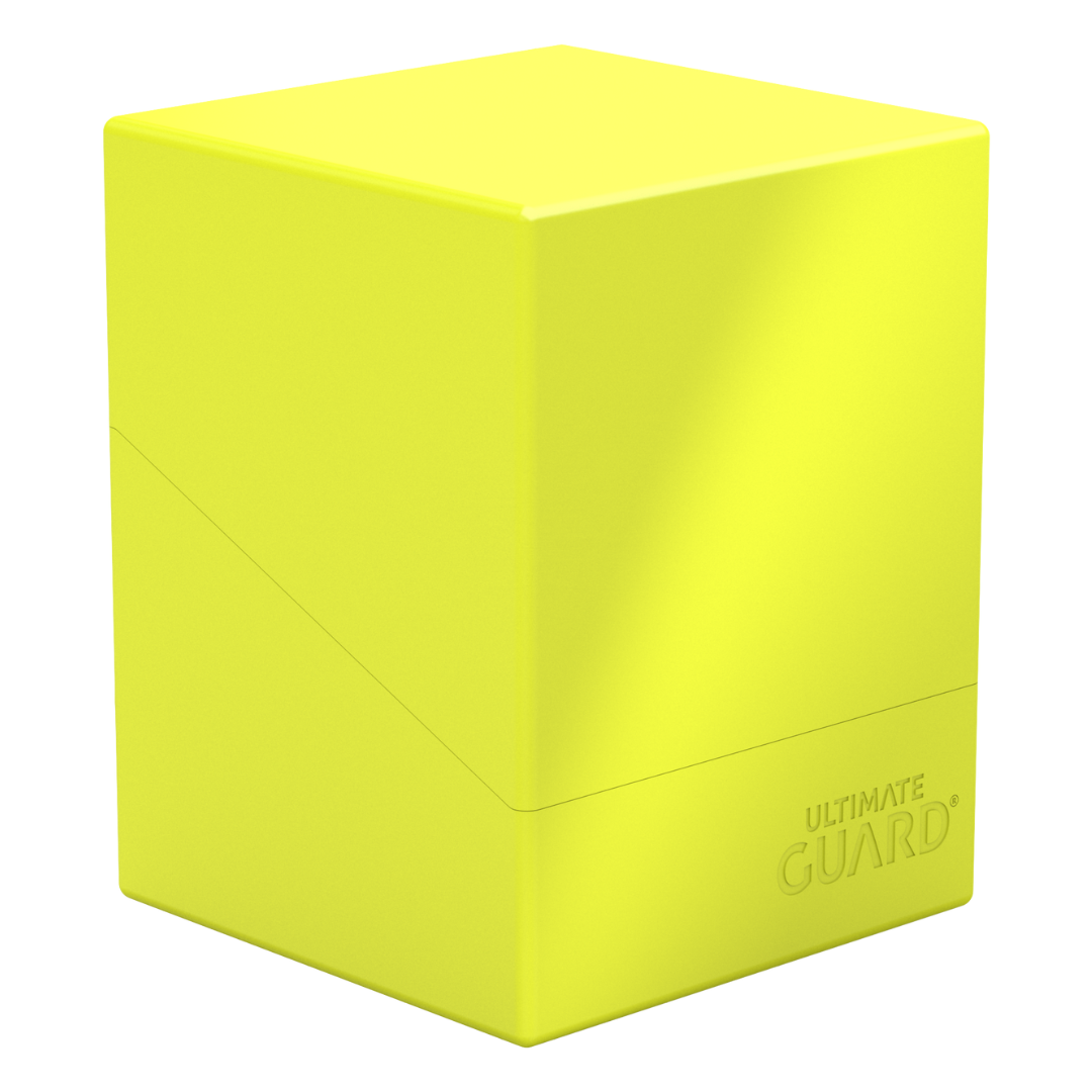 Ultimate Guard Boulder 100+ Solid Neon Yellow deck box for trading card protection and storage, fits 100+ double-sleeved TCG cards securely








