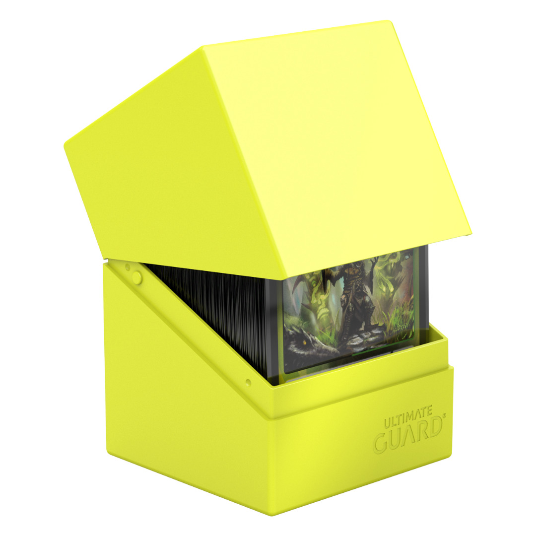 Neon Yellow Ultimate Guard Boulder 100+ card deck box for Magic, Pokémon, and TCG players, durable case fits over 100 double-sleeved cards









