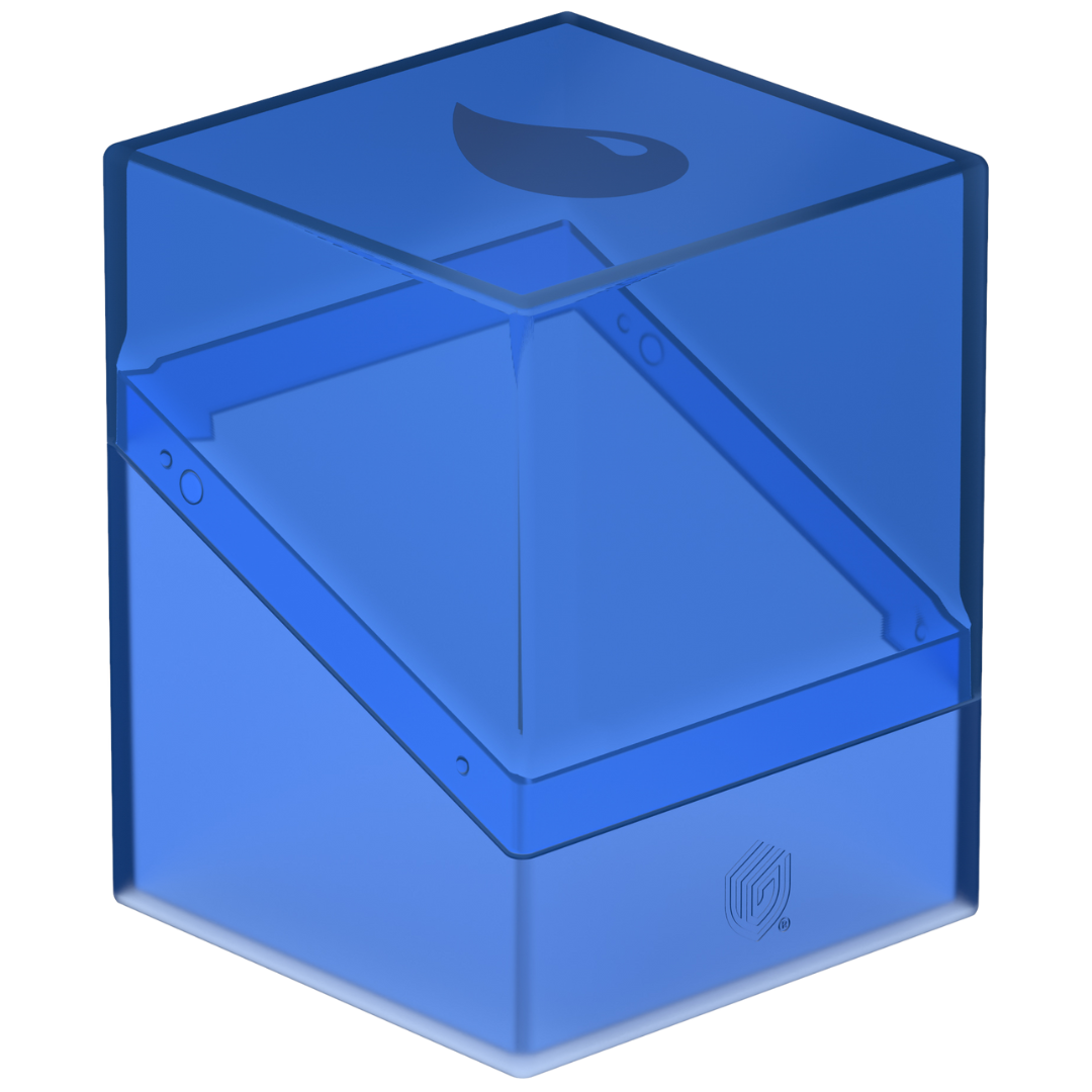 Ultimate Guard Boulder 100+ Mana Edition Island deck box with transparent lid, soft-touch base, and space for 100 double-sleeved MTG cards