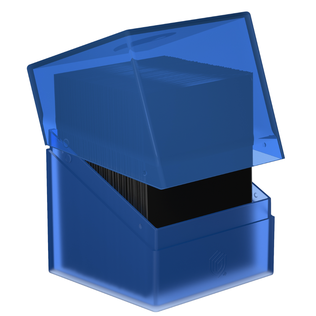 Ultimate Guard Boulder 100+ Mana Edition Island deck box open with Magic: The Gathering cards stored inside, holds 100 double-sleeved cards