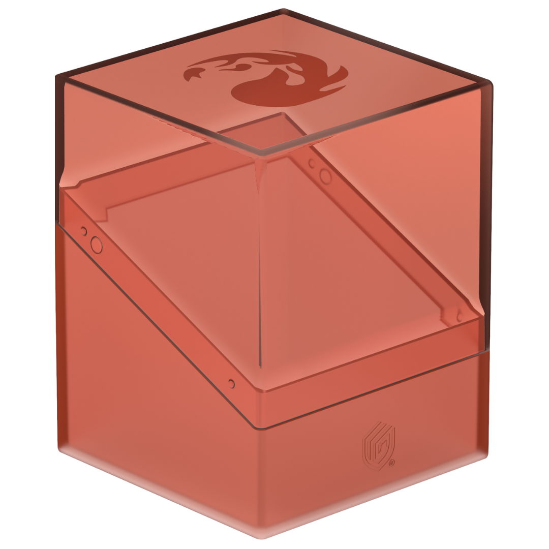 Ultimate Guard Boulder 100+ Mana Edition Mountain deck box with transparent lid and soft-touch base, holds 100 double-sleeved MTG cards