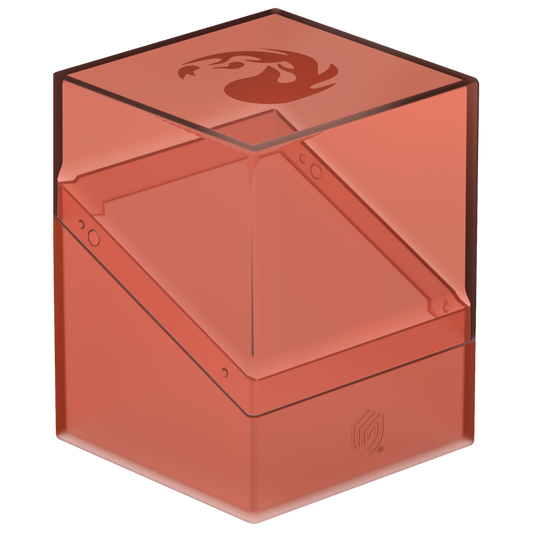 Ultimate Guard Boulder 100+ Mana Edition Mountain deck box with transparent lid and soft-touch base, holds 100 double-sleeved MTG cards