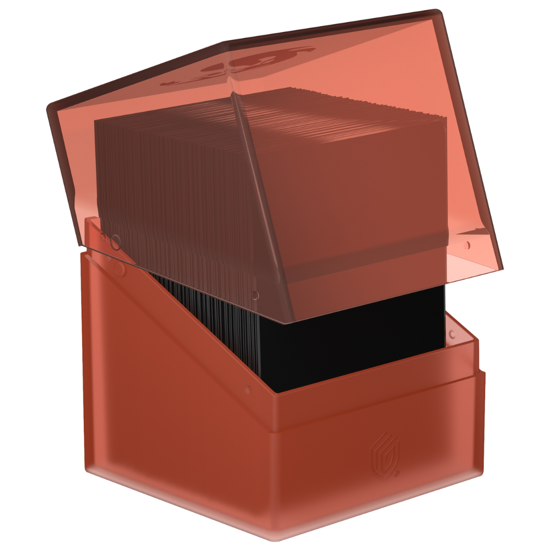 Ultimate Guard Boulder 100+ Mana Edition Mountain deck box open with Magic: The Gathering cards stored inside, fits 100 double-sleeved cards