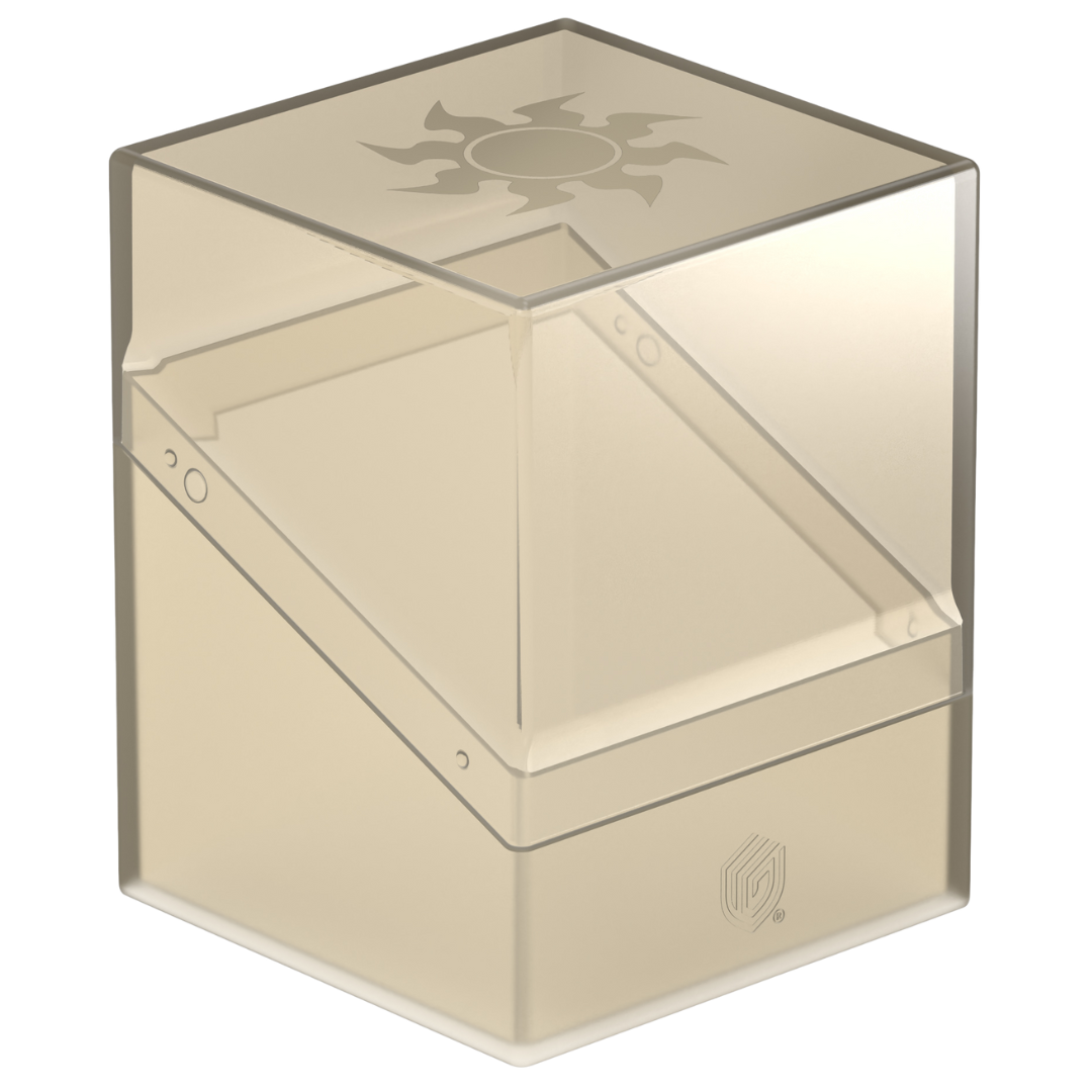 Ultimate Guard Boulder 100+ Mana Edition Plains deck box open with transparent lid and soft-touch base, holding 100 double-sleeved MTG cards