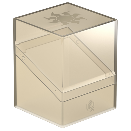 Ultimate Guard Boulder 100+ Mana Edition Plains deck box open with transparent lid and soft-touch base, holding 100 double-sleeved MTG cards